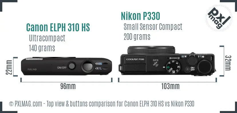 Canon ELPH 310 HS vs Nikon P330 top view buttons comparison