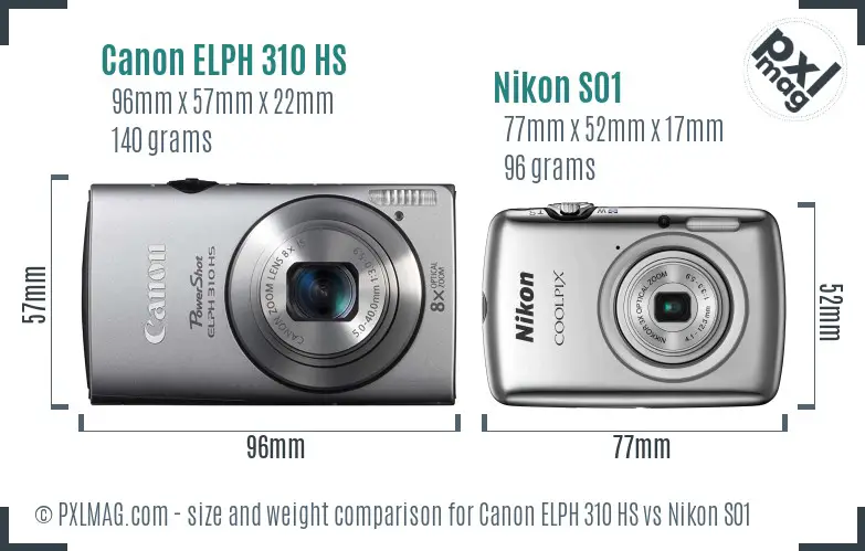 Canon ELPH 310 HS vs Nikon S01 size comparison