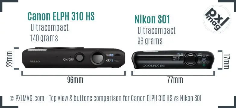 Canon ELPH 310 HS vs Nikon S01 top view buttons comparison