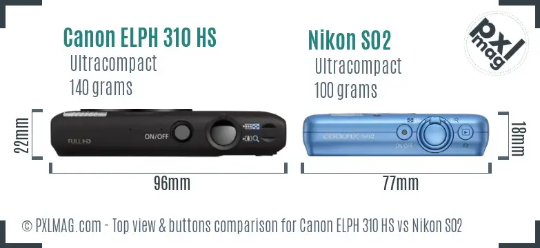 Canon ELPH 310 HS vs Nikon S02 top view buttons comparison