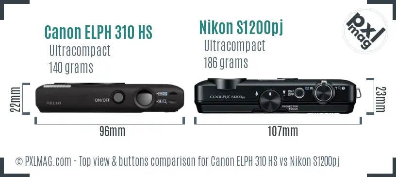Canon ELPH 310 HS vs Nikon S1200pj top view buttons comparison