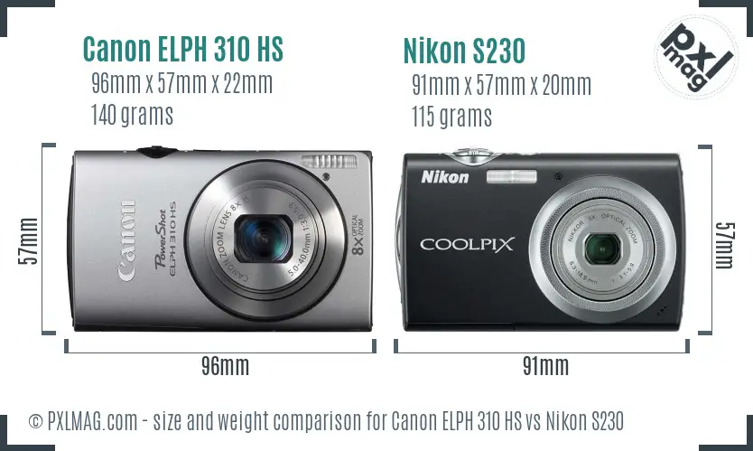 Canon ELPH 310 HS vs Nikon S230 size comparison