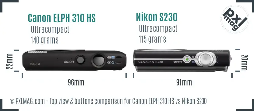 Canon ELPH 310 HS vs Nikon S230 top view buttons comparison