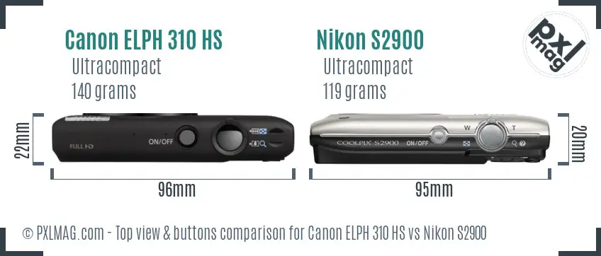 Canon ELPH 310 HS vs Nikon S2900 top view buttons comparison