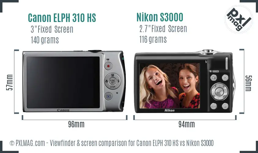 Canon ELPH 310 HS vs Nikon S3000 Screen and Viewfinder comparison