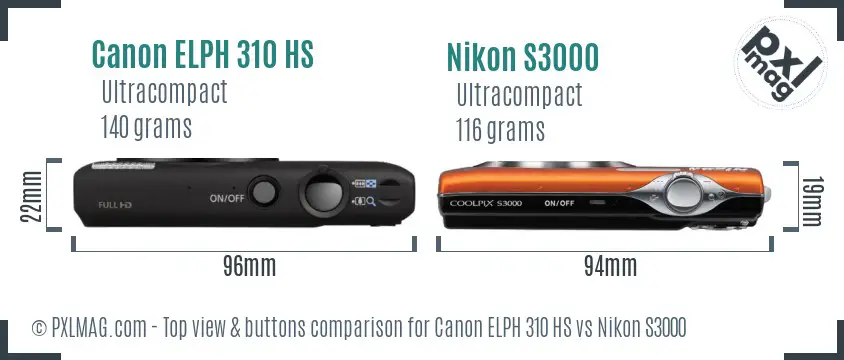 Canon ELPH 310 HS vs Nikon S3000 top view buttons comparison