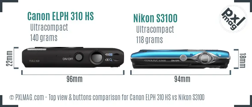 Canon ELPH 310 HS vs Nikon S3100 top view buttons comparison