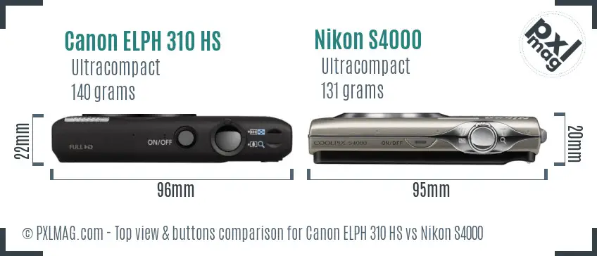 Canon ELPH 310 HS vs Nikon S4000 top view buttons comparison