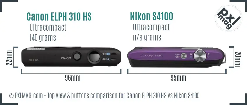 Canon ELPH 310 HS vs Nikon S4100 top view buttons comparison