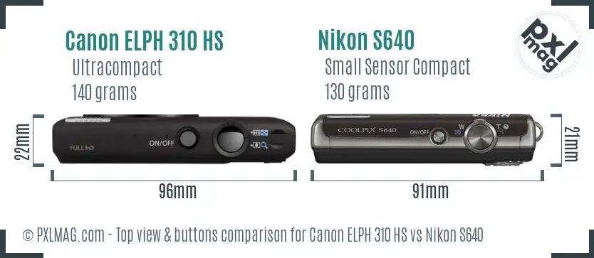 Canon ELPH 310 HS vs Nikon S640 top view buttons comparison