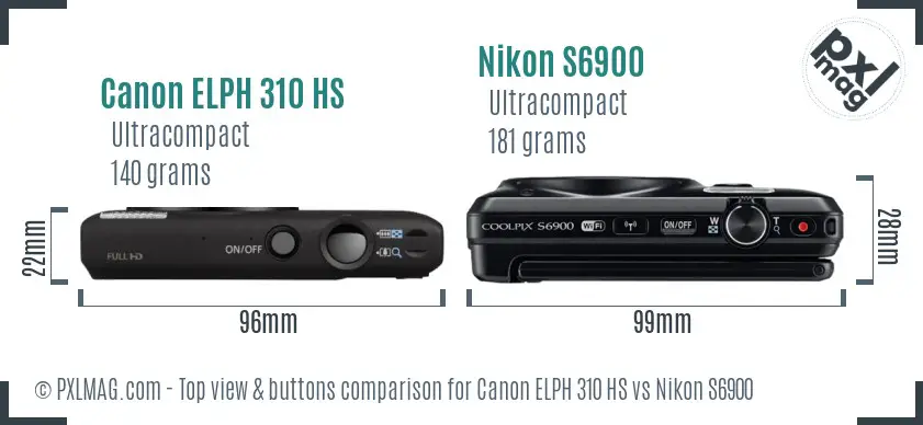Canon ELPH 310 HS vs Nikon S6900 top view buttons comparison