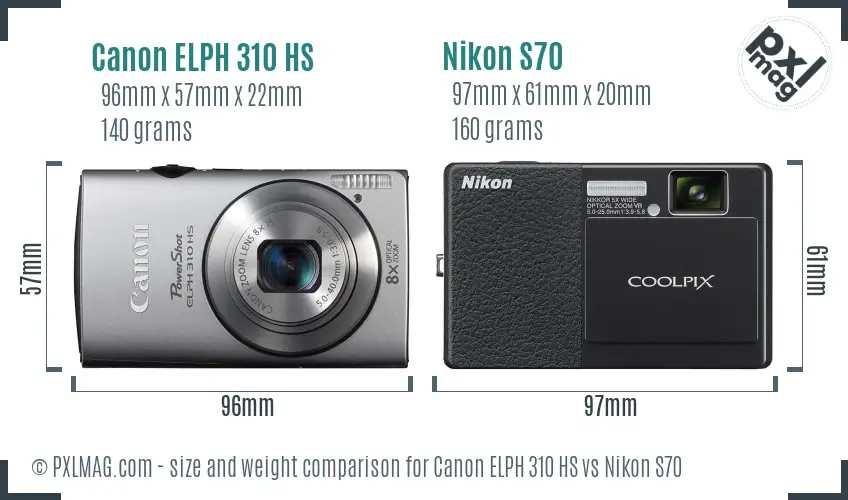 Canon ELPH 310 HS vs Nikon S70 size comparison
