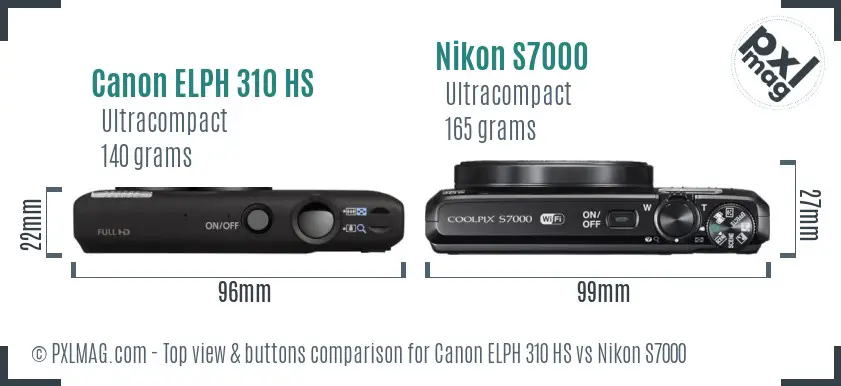 Canon ELPH 310 HS vs Nikon S7000 top view buttons comparison