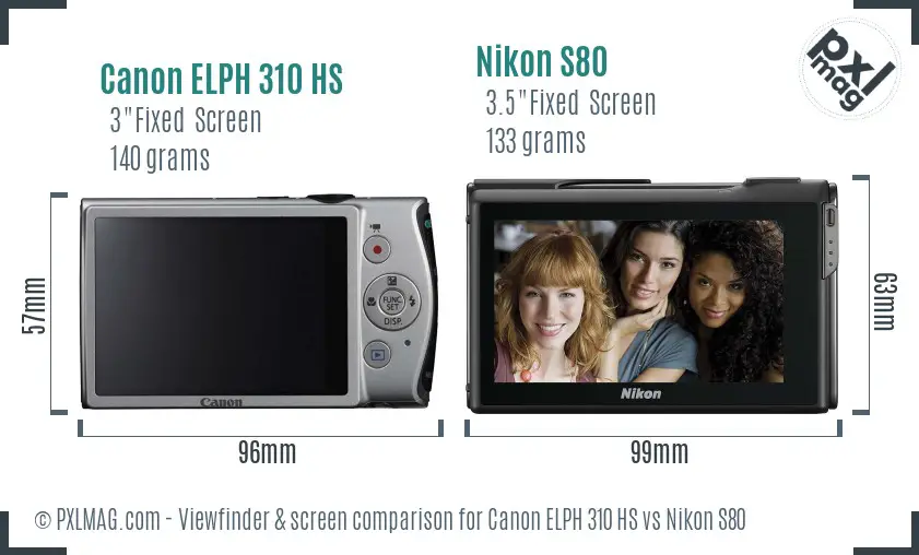 Canon ELPH 310 HS vs Nikon S80 Screen and Viewfinder comparison