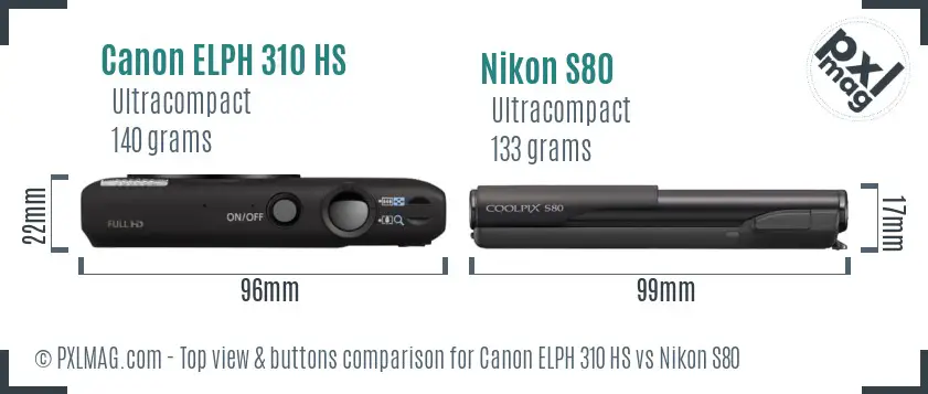 Canon ELPH 310 HS vs Nikon S80 top view buttons comparison