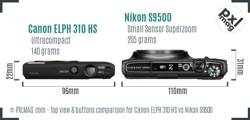 Canon ELPH 310 HS vs Nikon S9500 top view buttons comparison