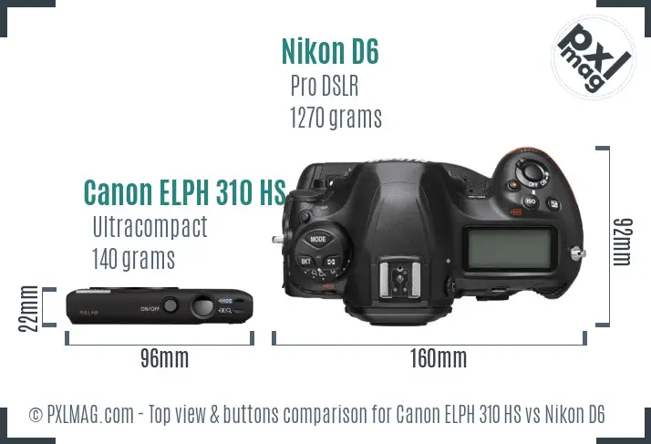 Canon ELPH 310 HS vs Nikon D6 top view buttons comparison