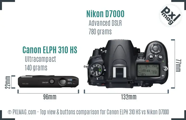 Canon ELPH 310 HS vs Nikon D7000 top view buttons comparison