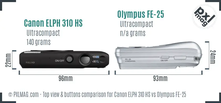 Canon ELPH 310 HS vs Olympus FE-25 top view buttons comparison