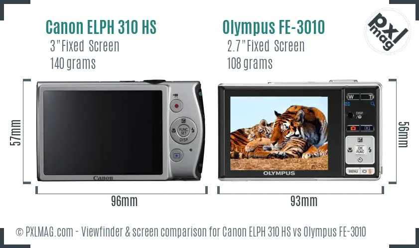 Canon ELPH 310 HS vs Olympus FE-3010 Screen and Viewfinder comparison