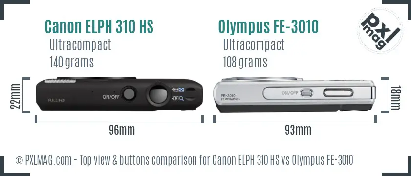 Canon ELPH 310 HS vs Olympus FE-3010 top view buttons comparison