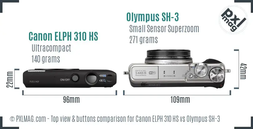 Canon ELPH 310 HS vs Olympus SH-3 top view buttons comparison