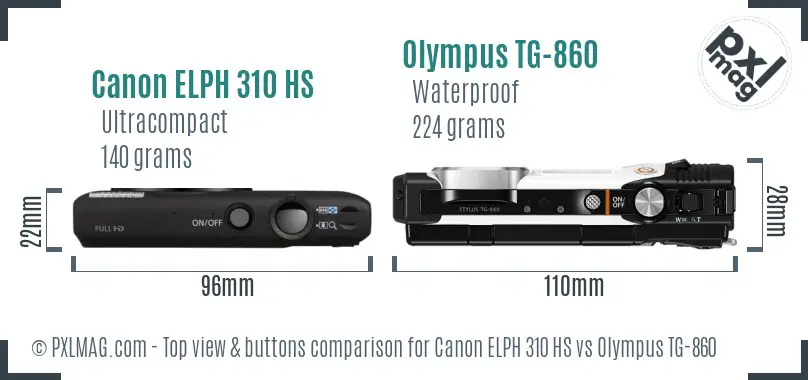 Canon ELPH 310 HS vs Olympus TG-860 top view buttons comparison