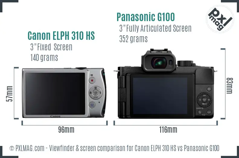 Canon ELPH 310 HS vs Panasonic G100 Screen and Viewfinder comparison
