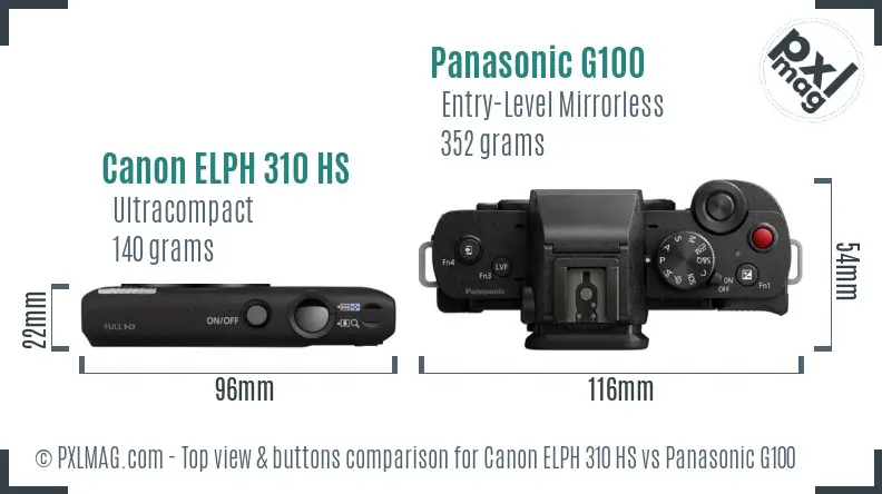 Canon ELPH 310 HS vs Panasonic G100 top view buttons comparison