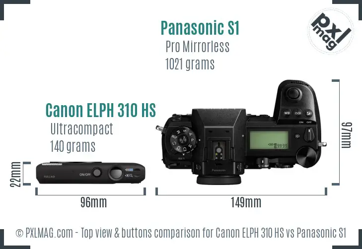 Canon ELPH 310 HS vs Panasonic S1 top view buttons comparison