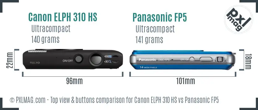 Canon ELPH 310 HS vs Panasonic FP5 top view buttons comparison