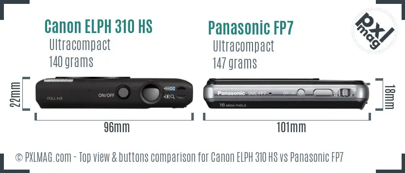 Canon ELPH 310 HS vs Panasonic FP7 top view buttons comparison