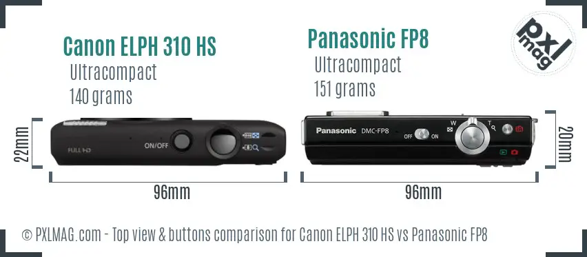 Canon ELPH 310 HS vs Panasonic FP8 top view buttons comparison