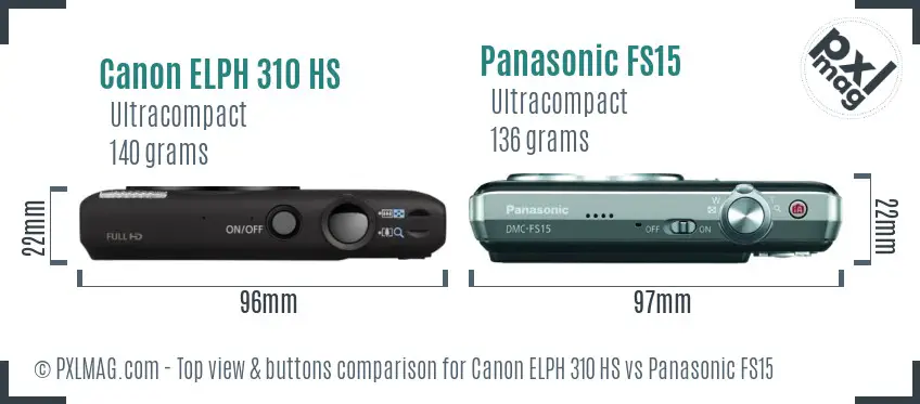Canon ELPH 310 HS vs Panasonic FS15 top view buttons comparison
