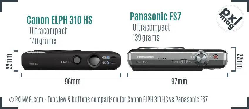 Canon ELPH 310 HS vs Panasonic FS7 top view buttons comparison