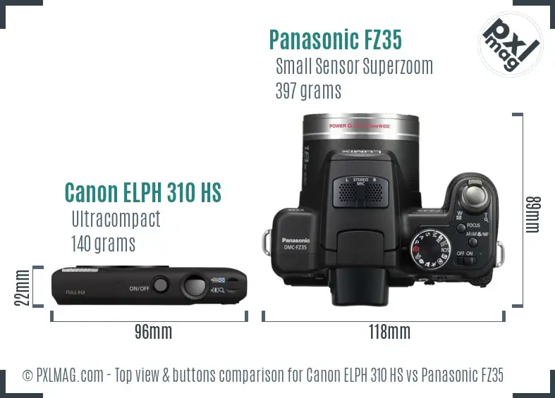 Canon ELPH 310 HS vs Panasonic FZ35 top view buttons comparison