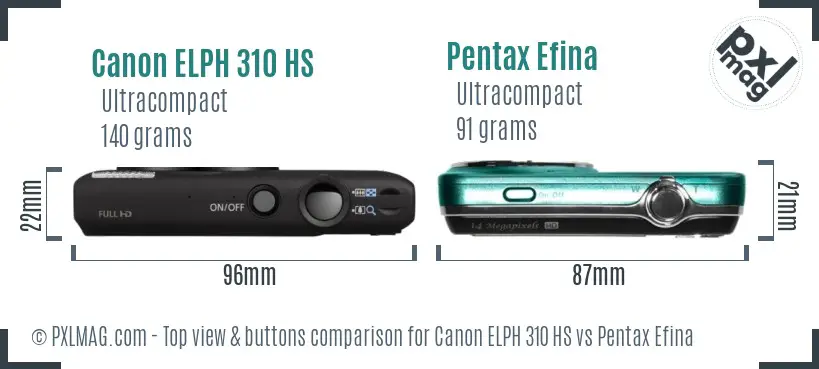 Canon ELPH 310 HS vs Pentax Efina top view buttons comparison