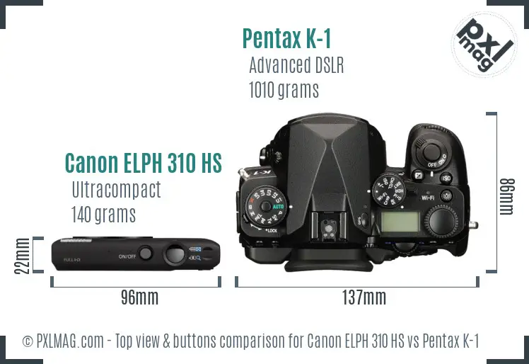 Canon ELPH 310 HS vs Pentax K-1 top view buttons comparison