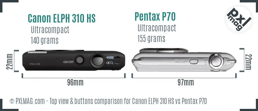 Canon ELPH 310 HS vs Pentax P70 top view buttons comparison