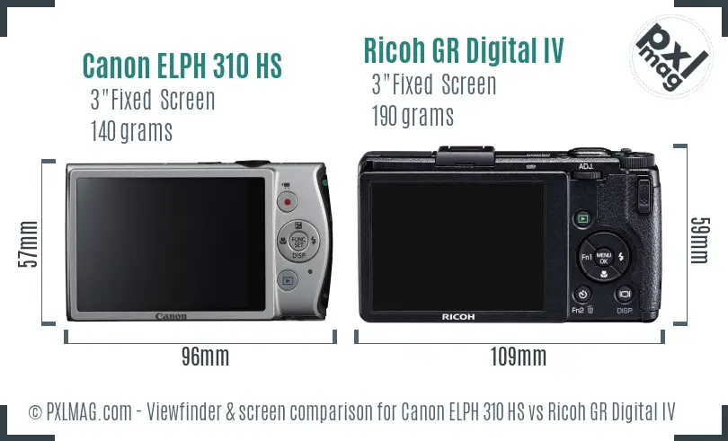 Canon ELPH 310 HS vs Ricoh GR Digital IV Screen and Viewfinder comparison