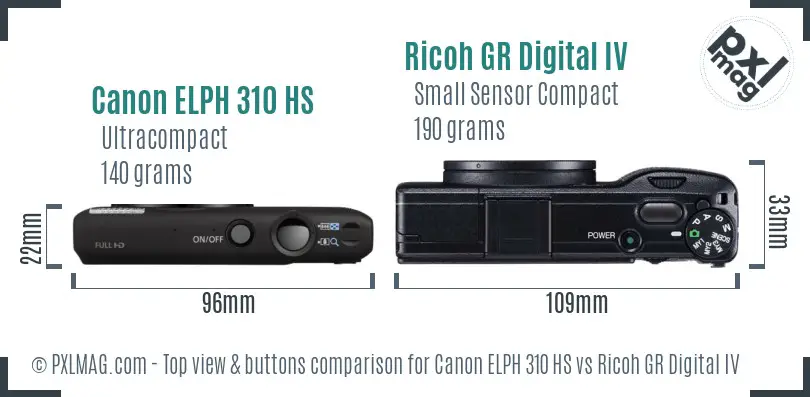 Canon ELPH 310 HS vs Ricoh GR Digital IV top view buttons comparison