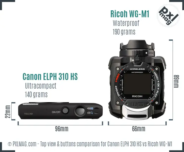 Canon ELPH 310 HS vs Ricoh WG-M1 top view buttons comparison