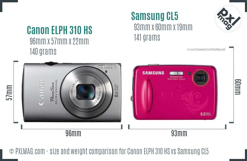 Canon ELPH 310 HS vs Samsung CL5 size comparison