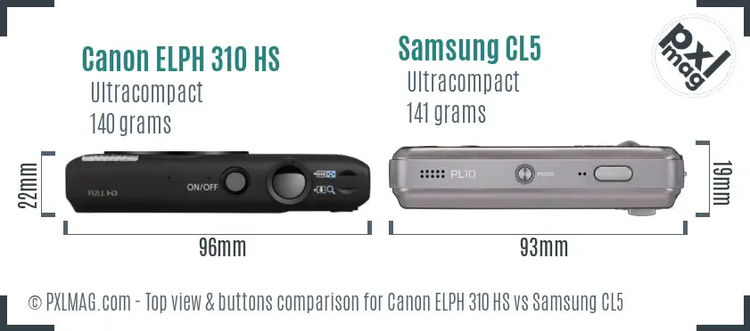 Canon ELPH 310 HS vs Samsung CL5 top view buttons comparison