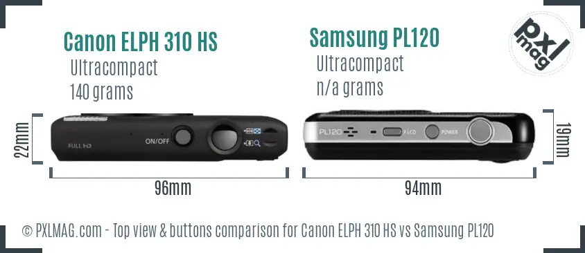 Canon ELPH 310 HS vs Samsung PL120 top view buttons comparison