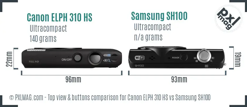 Canon ELPH 310 HS vs Samsung SH100 top view buttons comparison