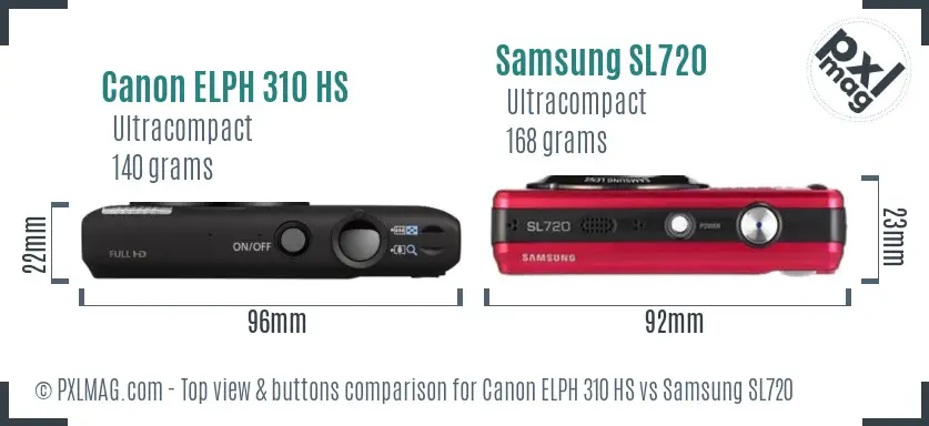 Canon ELPH 310 HS vs Samsung SL720 top view buttons comparison Canon ELPH 310 HS vs Samsung SL720 top view buttons comparison