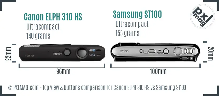 Canon ELPH 310 HS vs Samsung ST100 top view buttons comparison