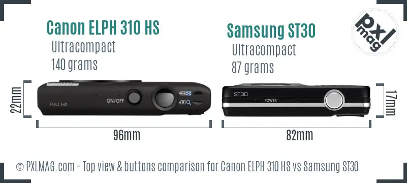Canon ELPH 310 HS vs Samsung ST30 top view buttons comparison