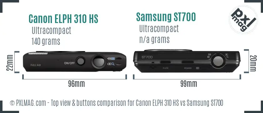 Canon ELPH 310 HS vs Samsung ST700 top view buttons comparison Canon ELPH 310 HS vs Samsung ST700 top view buttons comparison